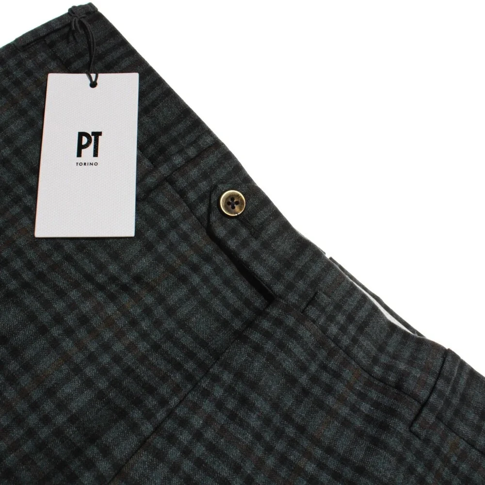 PT Torino NWT Dress Pants 48 (US 32) Slim Fit in Green Check Wool Blend